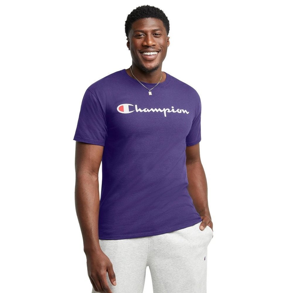 NWT Champion CLASSIC GRAPHIC TEE, SCRIPT LOGO in Purple Size Small